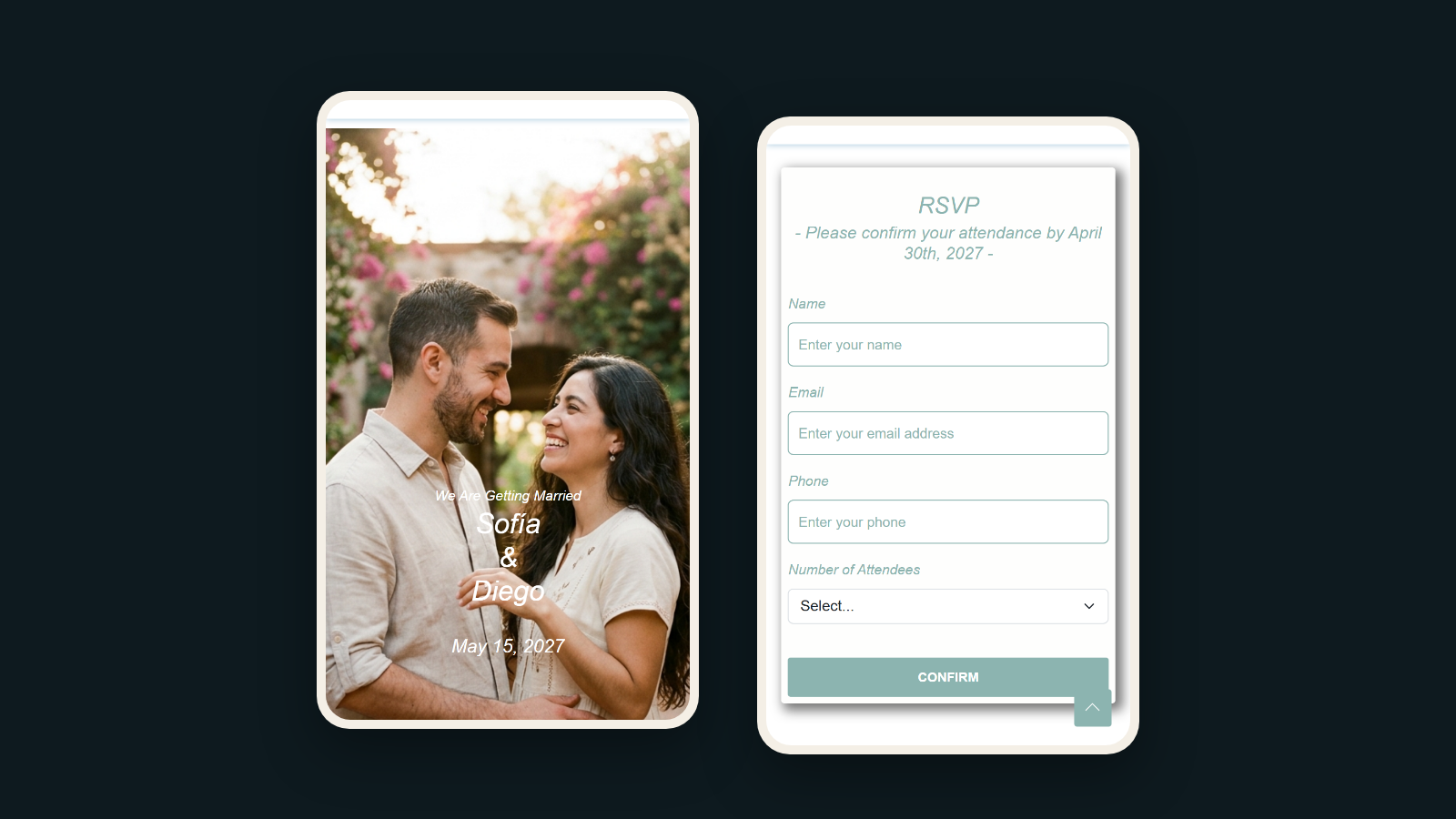 Two screens of the invitation on a phone: the cover with the sample names Sofía and Diego, and the RSVP form.