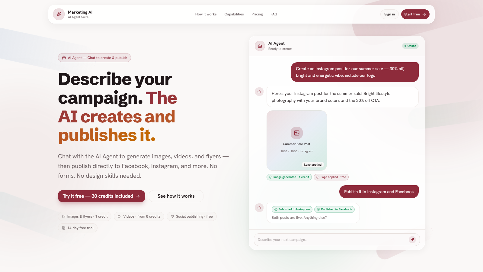 The platform's public page: a chat where a post for Instagram is requested and the AI agent generates and publishes it.