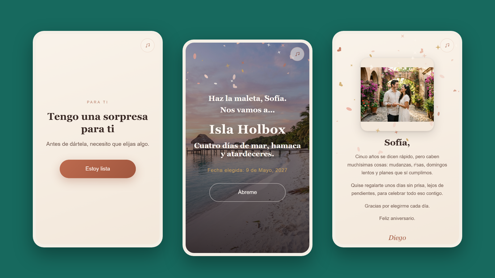 Three screens of the gift on a phone: the welcome, the reveal of the trip to Isla Holbox and the final message with a sample photo.